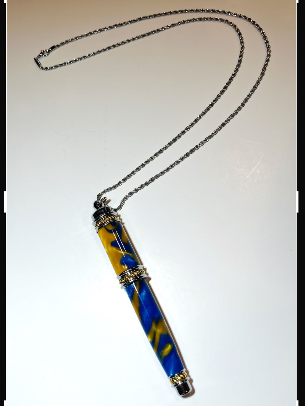 Vintage Pen Statement Pendant Necklace Blue Yellow Swirl Functional - Picture 2 of 5